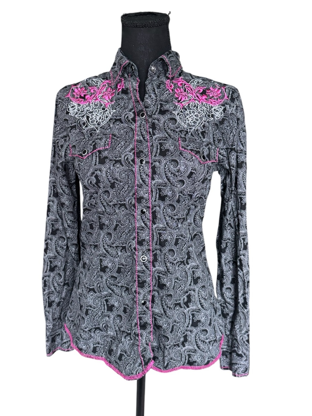 Roper Western Snap Shirt S Black Paisley Pink Embroidered Rodeo Y2K
